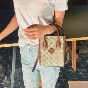 Gucci Beige Monogram Mini Tote with Brown Leather Trim